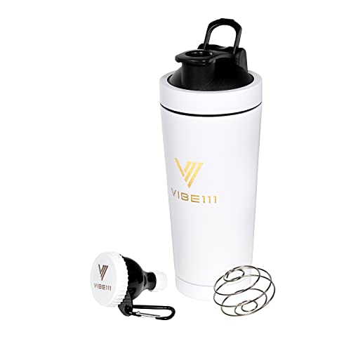 Vibe111 Protein Shaker with Funnel- 25OZ Stainless Steel Shaker Bottle with Portable Protein Funnel to Go | Insulated Shaker Bottles with Protein Powder Container Keychain and Blending Ball (Black)