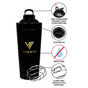 Vibe111 Protein Shaker with Funnel- 25OZ Stainless Steel Shaker Bottle with Portable Protein Funnel to Go | Insulated Shaker Bottles with Protein Powder Container Keychain and Blending Ball (Black)