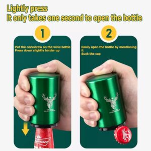 Beer Automatic Bottle Opener, Magnetic Lid Catcher for Bartender Tool Fun, Lid Opener, Pushed Down Beer Opener, Spring-Loaded Bottle Openers Beer Opener (Green-2 Pcs)