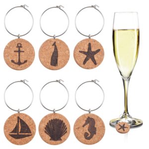 Aylifu 6 Pieces Cork Wine Glass Charms with Different Beach-Themed Patterns, Cork Wine Glass Markers and Tags for Distinguishing Glass