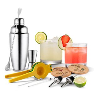 useekril margarita cocktail kit - set of rocks glasses | stainless cocktail shaker | jigger|bar spoon|citrus squeezer | coasters | pourers | cocktail picks | accessories to craft margaritas at home!