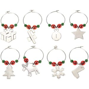 juvale 8-pack wine glass charms - christmas themed wine glass markers, zinc wine glass tags, drink markers, wine favors, silver