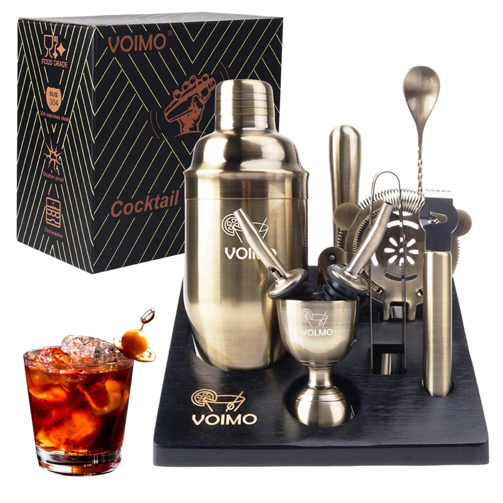 Bartender Kit Cocktail Set, VOIMO Stainless Steel Bronze Wire Drawing Cocktail Shaker Set, 12 Piece Bar Tools Set with Black Bamboo Stand, Cocktail Gift Set for Holiday Day, Home or Bar