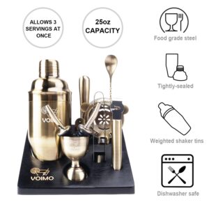 Bartender Kit Cocktail Set, VOIMO Stainless Steel Bronze Wire Drawing Cocktail Shaker Set, 12 Piece Bar Tools Set with Black Bamboo Stand, Cocktail Gift Set for Holiday Day, Home or Bar