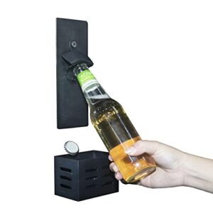 Magnetic Bottle Opener with Cap Catcher Container Bin, Removable Wall-Mounted Beer Bottle Opener, Portable Kitchen Fridge Magnet - Great for Mini Bar, Garage Refrigerator, Metal Surfaces (Black)