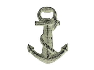 hampton nautical whitewashed anchor with nautical themed rope bottle opener 5" - vintage cast iron decor