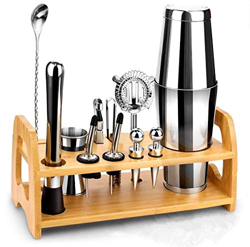 Bartender Kit with Stand | bartending Set Cocktail Shaker Set for Drink Mixing -Stainless Steel Bar Tools: Martini Shaker, Jigger, Strainer