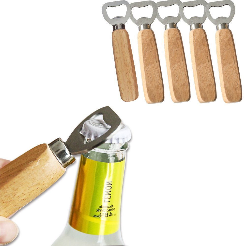 Bartender Bottle Opener for Opening Beer, Cider, Soft Drinks -Wood Handle Handheld (set of 5)