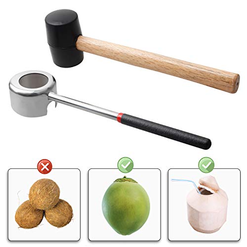 YiePhiot Coconut Opener Tools with Hammer, Super Safe & Easy to Open Young Coconuts Tool, Food Grade Stainless Steel Coconut Opener Set, Rubber Mallet with Handle