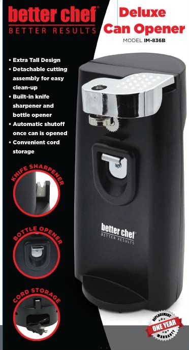 Better Chef Electric Tall Can Opener | 3-in-1 | Built in Knife Sharpener & Bottle Opener | Cord Storage | Auto-Stop (Black)