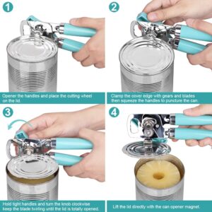 MAIYIONE - Safe Cut Can Opener Manual handheld, No-Trouble-Lid-Lift Can Opener with Magnet, Built in Bottle Opener, Stainless Steel Sharp Blade, Heavy Duty and Easy to Use Large Turn Knob, Aqua Sky