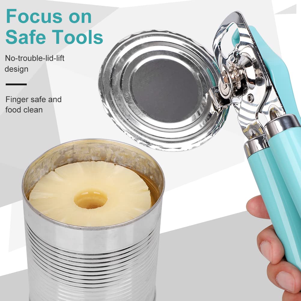 MAIYIONE - Safe Cut Can Opener Manual handheld, No-Trouble-Lid-Lift Can Opener with Magnet, Built in Bottle Opener, Stainless Steel Sharp Blade, Heavy Duty and Easy to Use Large Turn Knob, Aqua Sky