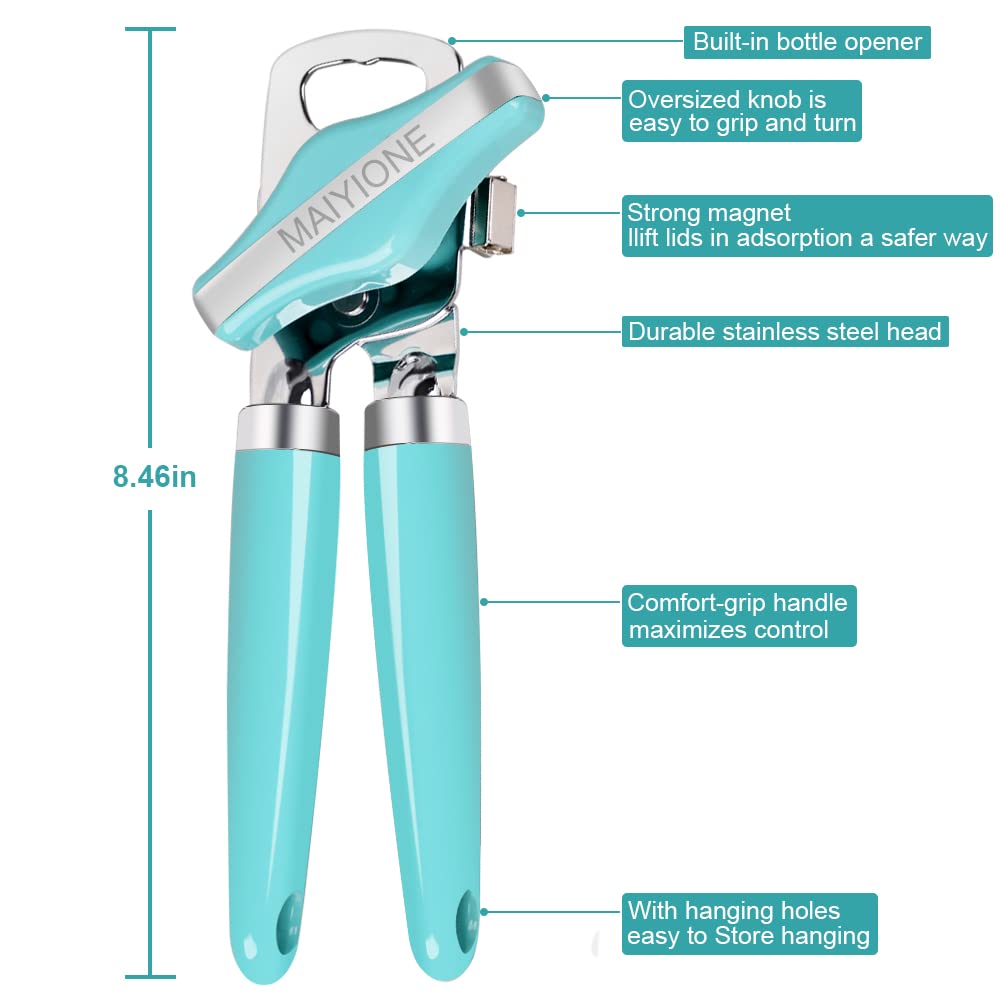 MAIYIONE - Safe Cut Can Opener Manual handheld, No-Trouble-Lid-Lift Can Opener with Magnet, Built in Bottle Opener, Stainless Steel Sharp Blade, Heavy Duty and Easy to Use Large Turn Knob, Aqua Sky