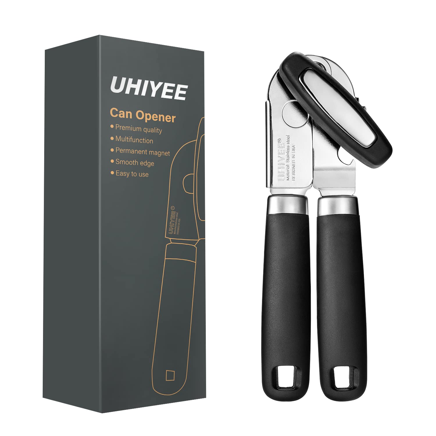 Manual Can Opener, UHIYEE Stylish Hand Held Can Opener Manual with with Sharp Cutting Blade Oversized Knob, Can Openes Manual for Seniors with Arthritis, Black