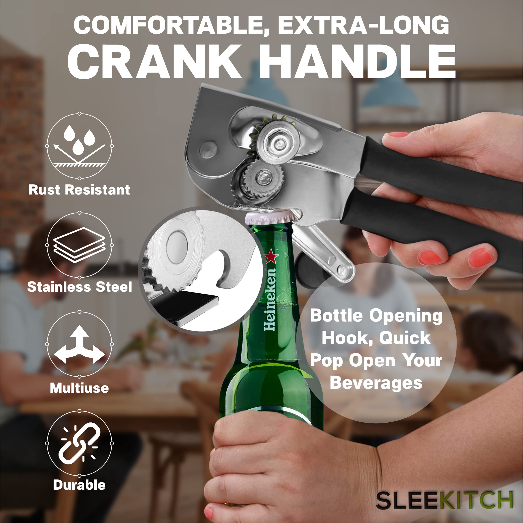 Sleekitch Commercial Can Opener Manual Heavy Duty, Hand Crank Can Opener, Large Handheld Can Opener Easy for Big Cans, Swing Grip Design, Manual Can Opener with Comfortable Easy Crank Handle, Black