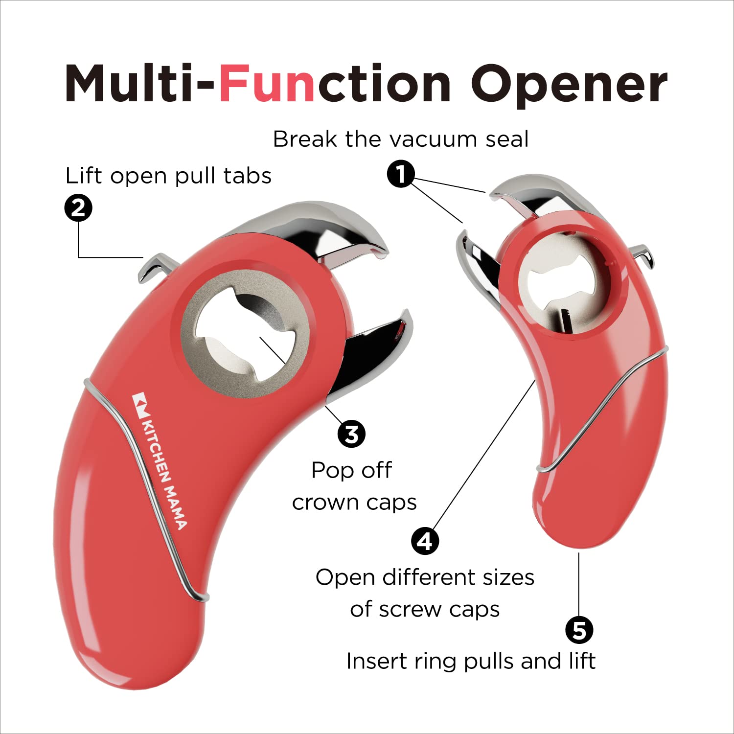 Kitchen Mama Epic One Multifunction Opener: A Pick Ergonomic Opener- Magnetic Bottle Opener, Beer & Soda Can Opener, Pull Tab & Jar Opener for Weak Hands and Arthritis (Red)