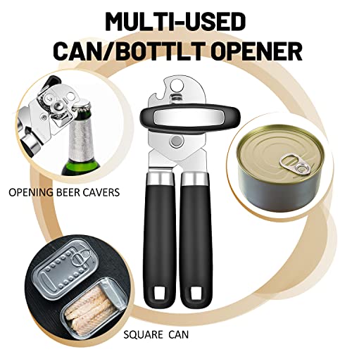 Can Opener Manual, Tymoosty Can Opener Strong Heavy Duty, Smooth Edge Cut, Oversized Knob, Soft Grip Handle, Built-in Bottle Opener, Black