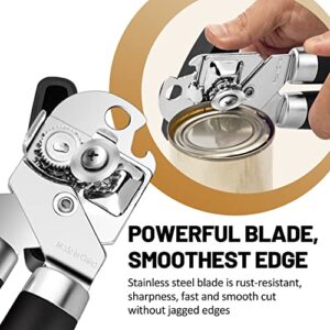 Can Opener Manual, Tymoosty Can Opener Strong Heavy Duty, Smooth Edge Cut, Oversized Knob, Soft Grip Handle, Built-in Bottle Opener, Black