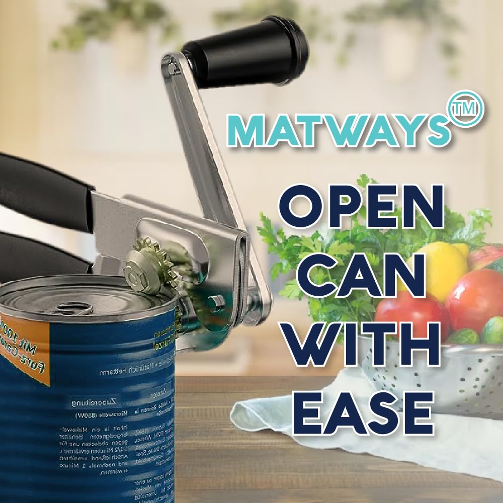 Matways Heavy Duty Commercial Hand Can Opener, Easy Crank Can Opener with Extra Long ergonomic Handle, Stainless Steel Sharp Blade, Large Size Manual Can Opener with Black Comfortable Handle Grip