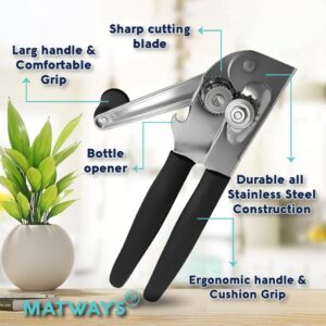 Matways Heavy Duty Commercial Hand Can Opener, Easy Crank Can Opener with Extra Long ergonomic Handle, Stainless Steel Sharp Blade, Large Size Manual Can Opener with Black Comfortable Handle Grip