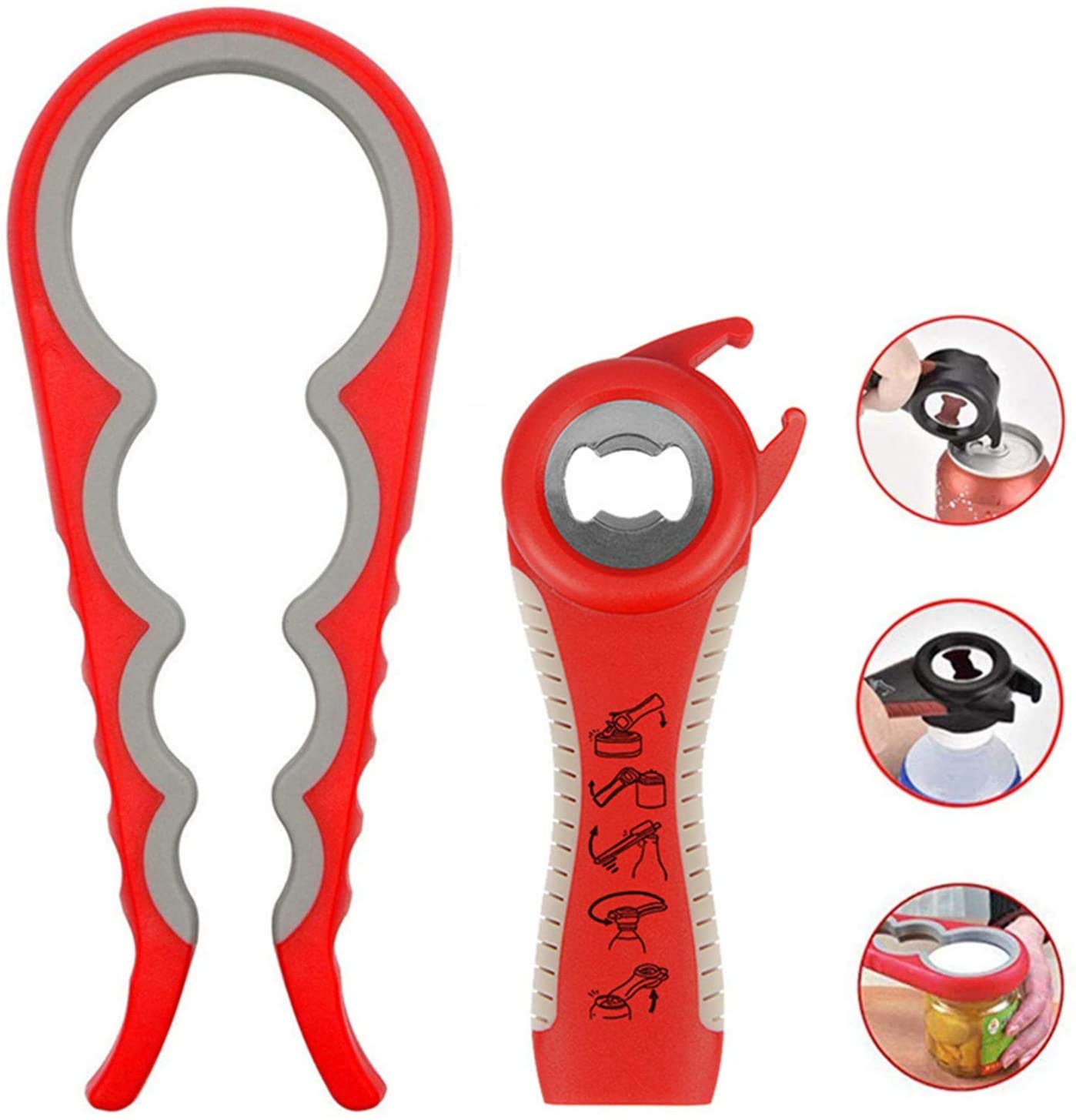 Jar Opener,Manual Can Opener,Bottle Opener Can Openers for Seniors with Arthritis,Weak Hands, 5-in-1 Multi Kitchen Tools Set for Children, Women and Seniors (Red)