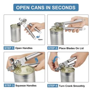 Stainless Steel Can Opener Manual Food-safe Good Grips with Built-in Bottle Opener Smooth Edge Stainless Steel Sharp Blade Safe Cover for Beer/Tin/Bottle, Food Grade-Silver