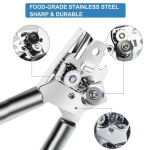 Stainless Steel Can Opener Manual Food-safe Good Grips with Built-in Bottle Opener Smooth Edge Stainless Steel Sharp Blade Safe Cover for Beer/Tin/Bottle, Food Grade-Silver