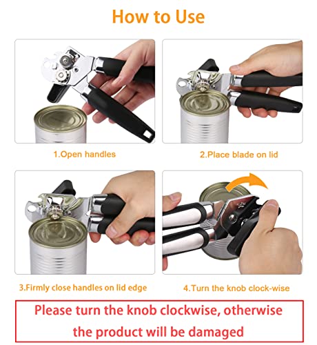 KzGrit Manual Can Opener, Food-Safe Stainless Steel, Smooth Edge, Tin Lids Jar Bottle Caps Openers with Non-Slip Handle and Ergonomic Turning Knob for Elderly with Arthritis(Black)