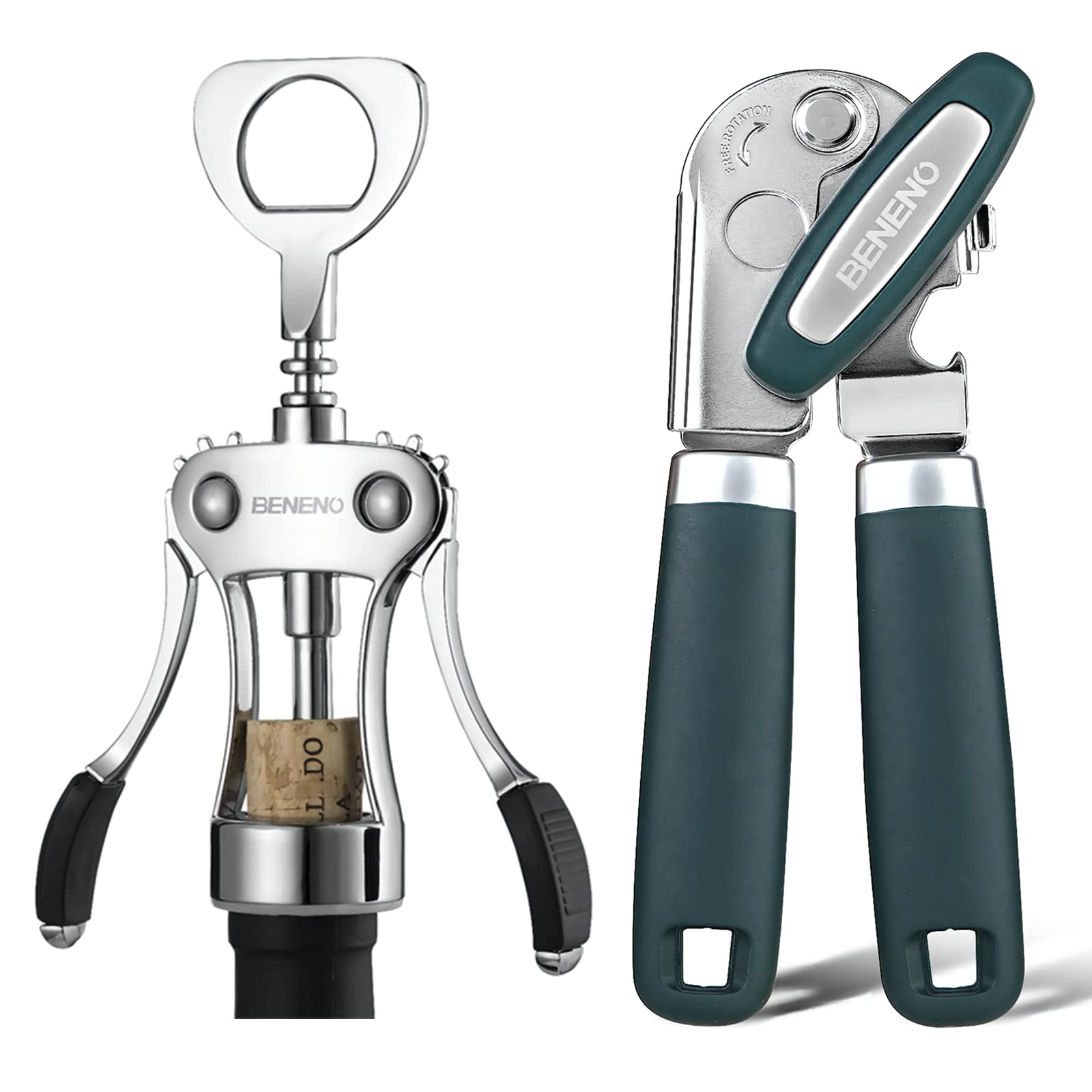 Zinc Alloy Premium Wing Corkscrew Wine Opener and Heavy Duty Handheld Can Opener Manual Smooth Edge with Multifunctional Bottle Openers