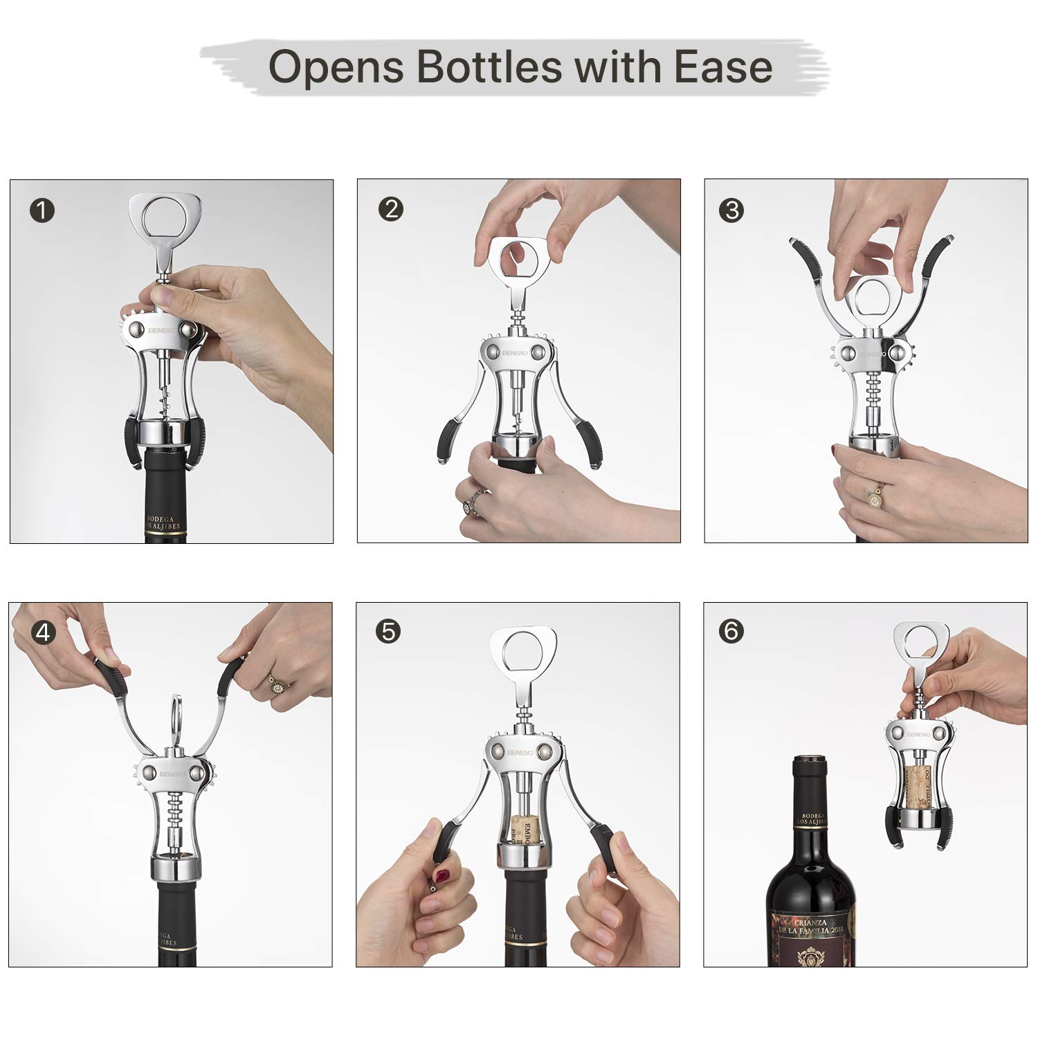 Zinc Alloy Premium Wing Corkscrew Wine Opener and Heavy Duty Handheld Can Opener Manual Smooth Edge with Multifunctional Bottle Openers