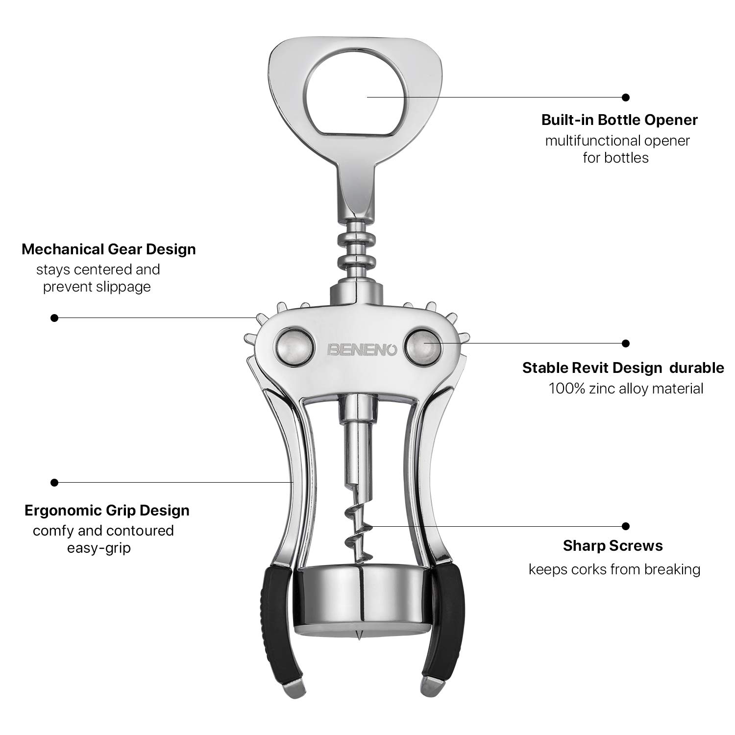 Zinc Alloy Premium Wing Corkscrew Wine Opener and Heavy Duty Handheld Can Opener Manual Smooth Edge with Multifunctional Bottle Openers