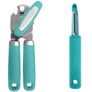 gorilla grip hand held can opener and vegetable peeler, large lid openers rust proof, kitchen food peelers safe blade guard, both in turquoise, 2 item bundle