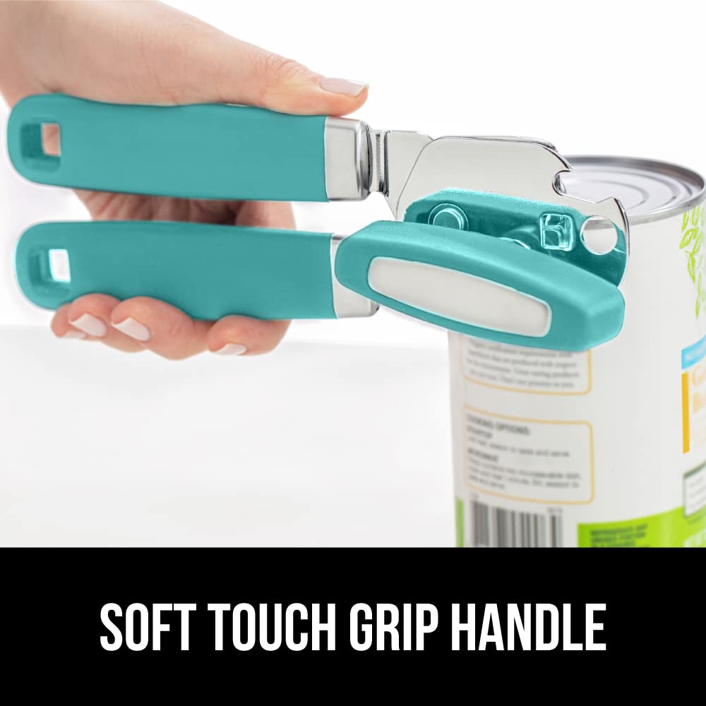 Gorilla Grip Hand Held Can Opener and Vegetable Peeler, Large Lid Openers Rust Proof, Kitchen Food Peelers Safe Blade Guard, Both in Turquoise, 2 Item Bundle