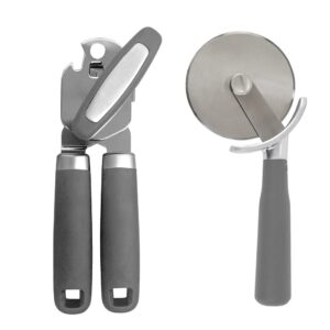 gorilla grip manual can opener and pizza cutter, can opener includes built in bottle opener, pizza cutter is rust resistant, both in gray color, 2 item bundle