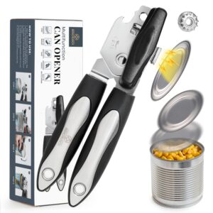 can opener manual handheld with magnet, lid-lift safety - comfortable anti-slip grip handle and big turn knob - smooth edge with stainless steel sharp blade - heavy duty bottle can opener - black
