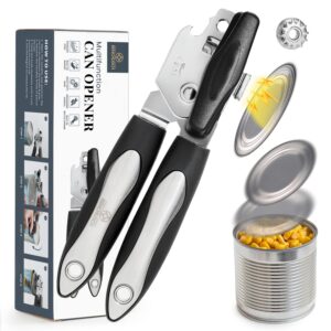 Can Opener Manual Handheld With Magnet, Lid-Lift Safety - Comfortable Anti-Slip Grip Handle And Big Turn Knob - Smooth Edge With Stainless Steel Sharp Blade - Heavy Duty Bottle Can Opener - Black