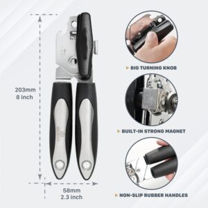 Can Opener Manual Handheld With Magnet, Lid-Lift Safety - Comfortable Anti-Slip Grip Handle And Big Turn Knob - Smooth Edge With Stainless Steel Sharp Blade - Heavy Duty Bottle Can Opener - Black