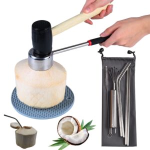 11 pieces coconut opener tool set, include 1 coconut opener tool with black rubber handle, 1 stainless steel coconut meat removal knife, 1 straight st, 2 bent sts, 1 cleaning brush and 1 bag