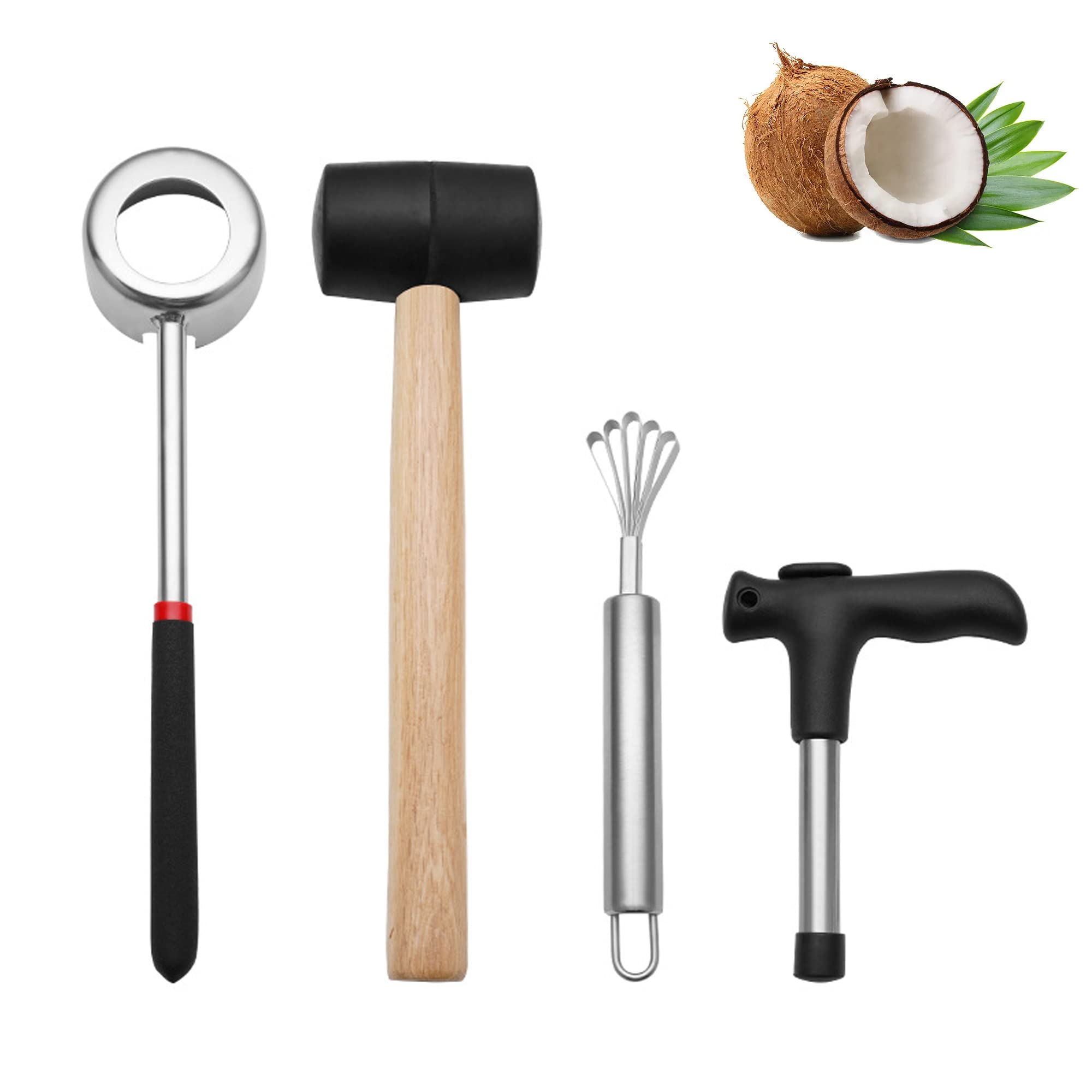 UnisonPet Coconut Opener Tool Set, Stainless Steel Coconut Opener Kit with Rubber Mallet Meat Removal Scraper, Coconut Drill Young & Mature Coconut Opening Tool