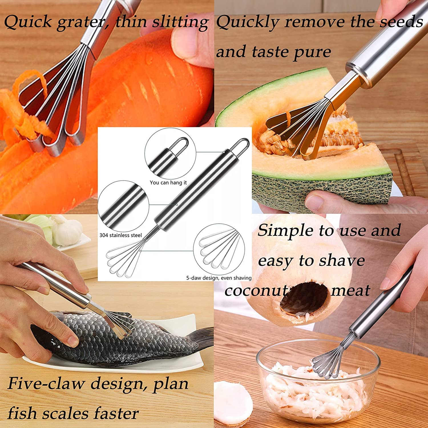 UnisonPet Coconut Opener Tool Set, Stainless Steel Coconut Opener Kit with Rubber Mallet Meat Removal Scraper, Coconut Drill Young & Mature Coconut Opening Tool