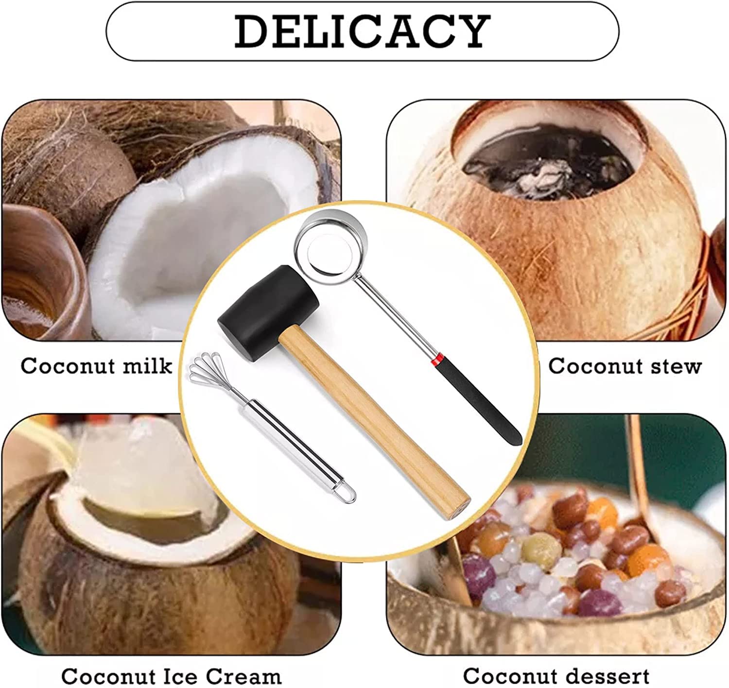 UnisonPet Coconut Opener Tool Set, Stainless Steel Coconut Opener Kit with Rubber Mallet Meat Removal Scraper, Coconut Drill Young & Mature Coconut Opening Tool