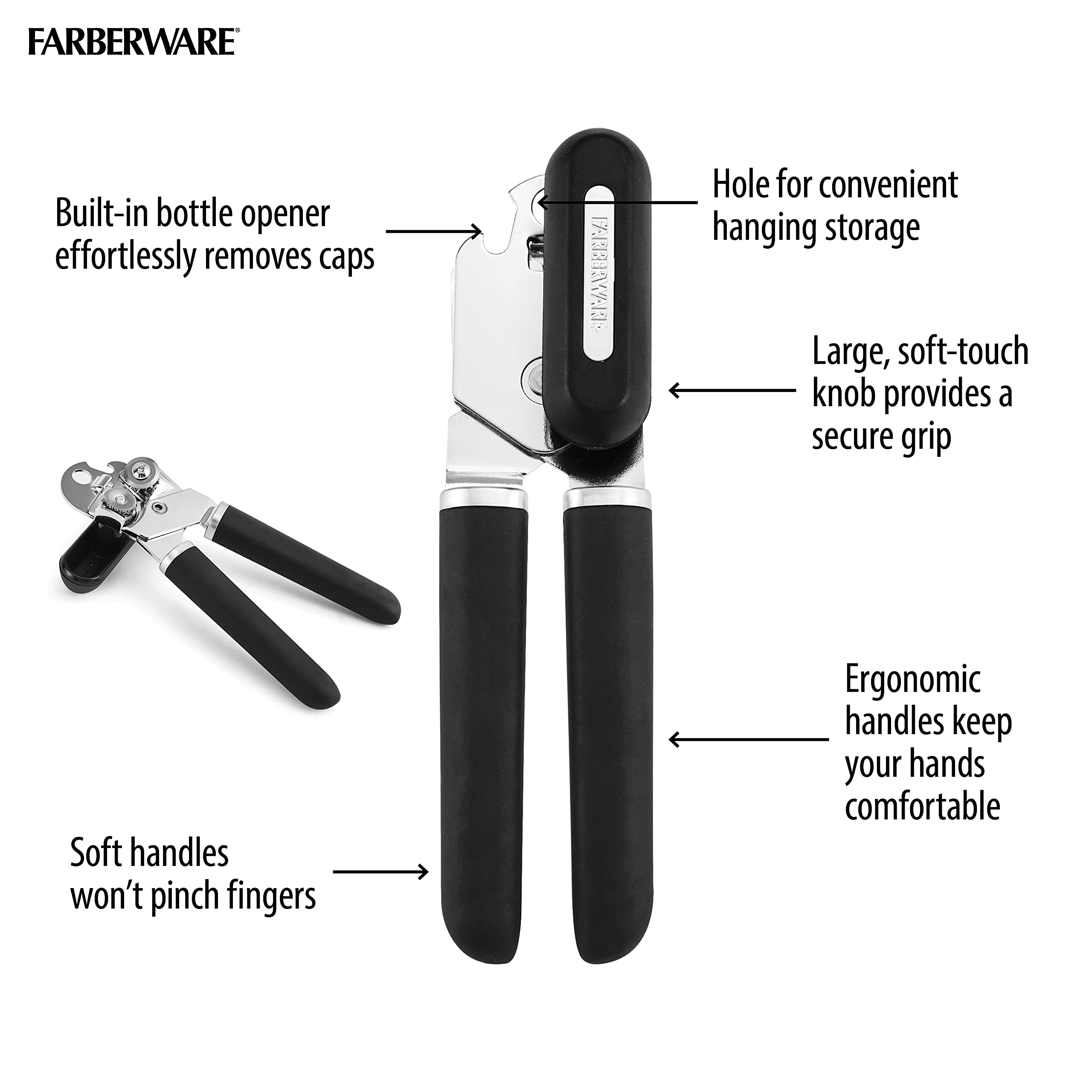 Farberware Pro Soft Knob and Handle Can Opener and Bottle Opener, Black