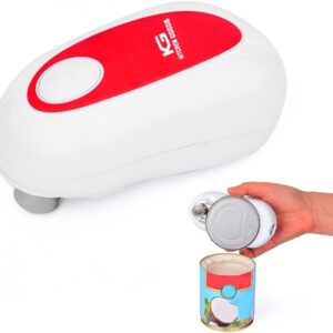 Kitchen Goods Electric Can Opener - One Touch Push of a Button, No Sharp Edge, Food Safe, Cordless Battery Operated, Portable Handheld and Easy to Operate for Adults & Seniors - White & Red