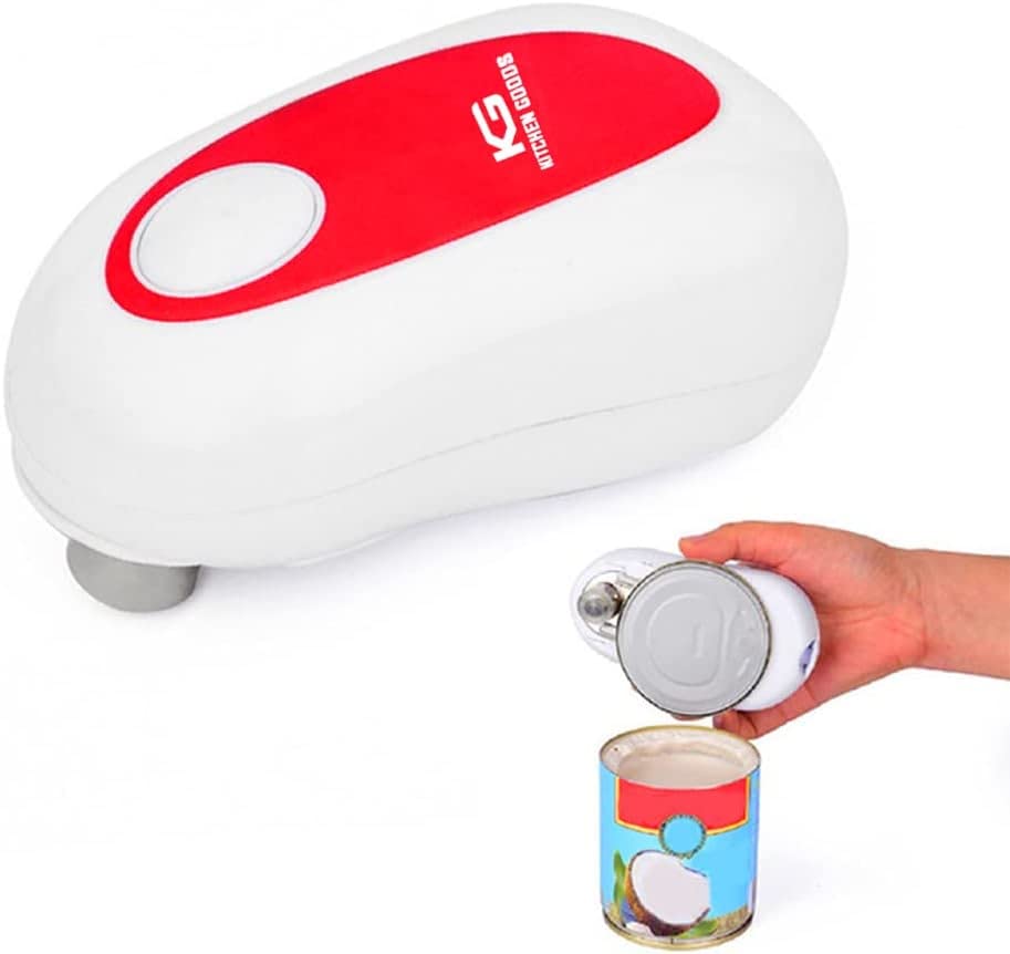 Kitchen Goods Electric Can Opener - One Touch Push of a Button, No Sharp Edge, Food Safe, Cordless Battery Operated, Portable Handheld and Easy to Operate for Adults & Seniors - White & Red