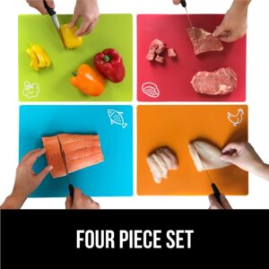 Gorilla Grip Manual Hand Held Can Opener and Flexible Cutting Boards Set of 4, Rust Proof Lid Openers for Kitchen in Black, Durable Food Chopping Boards in Multicolor, 2 Item Bundle