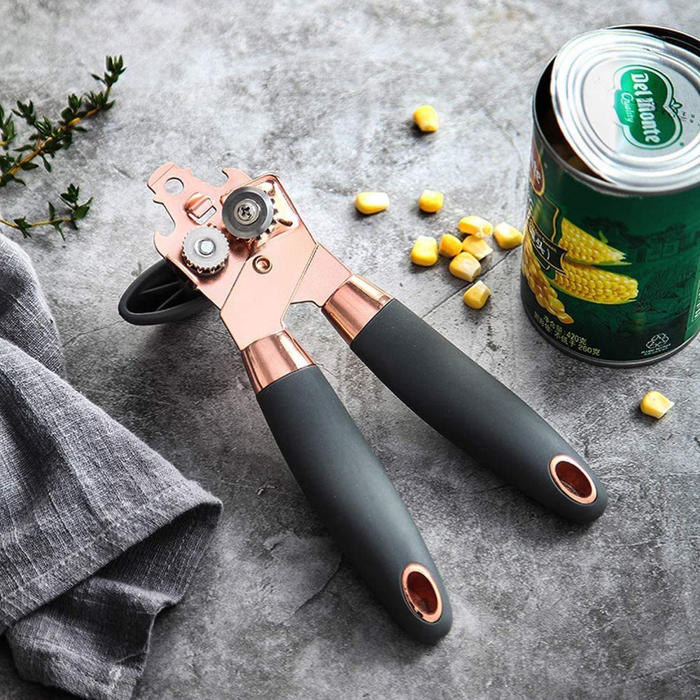 KAISHANE Rose Gold Stainless Steel Manual Can Opener With Durable Black Anti Slip Handles and Large Knob with Built In Bottle Cap Opener (Pink)