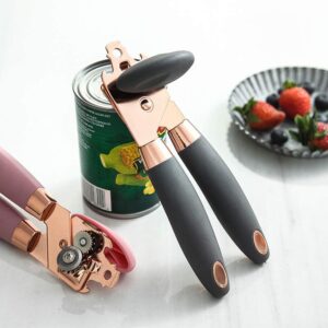 KAISHANE Rose Gold Stainless Steel Manual Can Opener With Durable Black Anti Slip Handles and Large Knob with Built In Bottle Cap Opener (Pink)