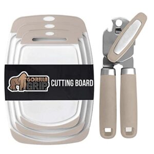 gorilla grip cutting boards set of 3 and manual can opener, cutting boards are slip resistant, can opener includes built in bottle opener, both in almond color, 2 item bundle