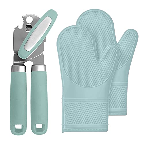 Gorilla Grip Manual Can Opener and Silicone Oven Mitts, Manual Can Opener Includes Built In Bottle Opener, Oven Mitts are 14.5 Inch, Both in Mint Color, 2 Item Bundle