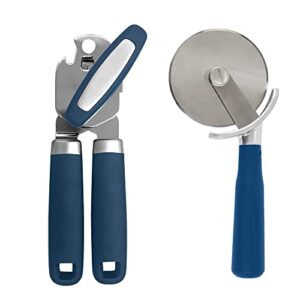 gorilla grip manual can opener and pizza cutter, can opener includes built in bottle opener, pizza cutter is rust resistant, both in blue color, 2 item bundle